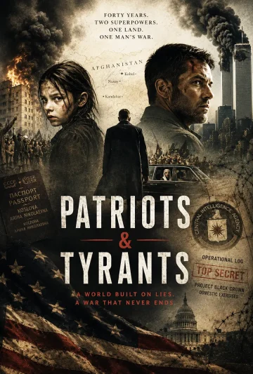 Concept poster for the thriller "Patriots & Tyrants," featuring a man, a young girl, and scenes of war and political intrigue.