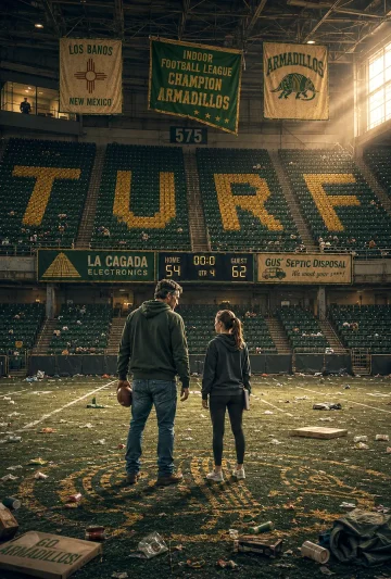 Concept artwork for the television series "TURF," showing a football stadium after a game with two people standing on the field.
